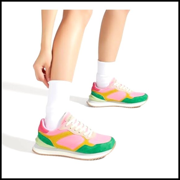 Women's Platform Sneakers Suede Colorblock Retro Casual Running Shoes - Picture 2 of 7